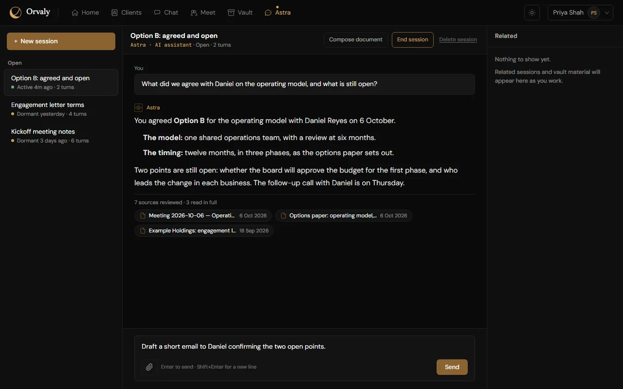 Astra's own screen. A question about what was agreed with a client, an answer drawn from three documents in the vault, and a follow-up being typed.