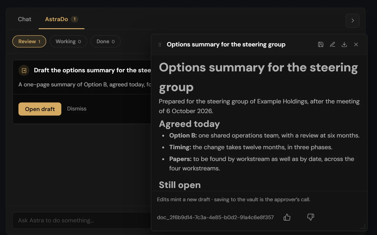 The side panel of a meeting. AstraDo has drafted a summary for the client's steering group, and the draft is open beside it.