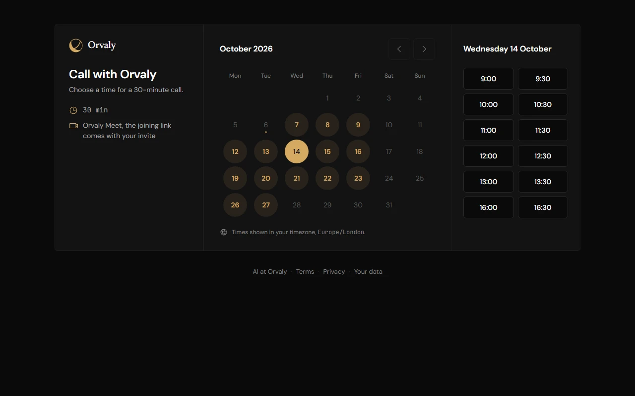 Orvaly's own booking page, headed Call with Orvaly: a month with the days that can be chosen, and the times on the chosen day.