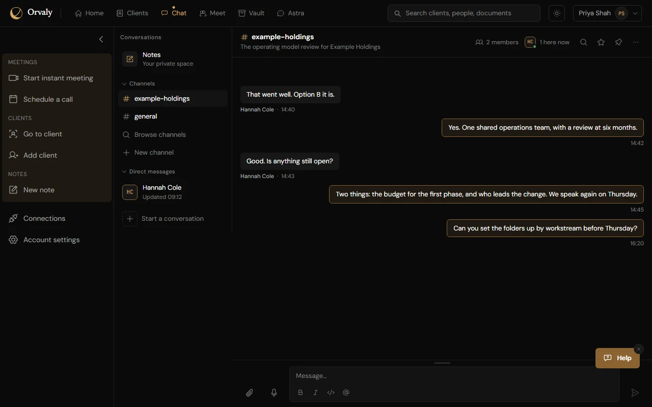 Chat. A channel about a client's work, with messages between two colleagues and a new message just sent.