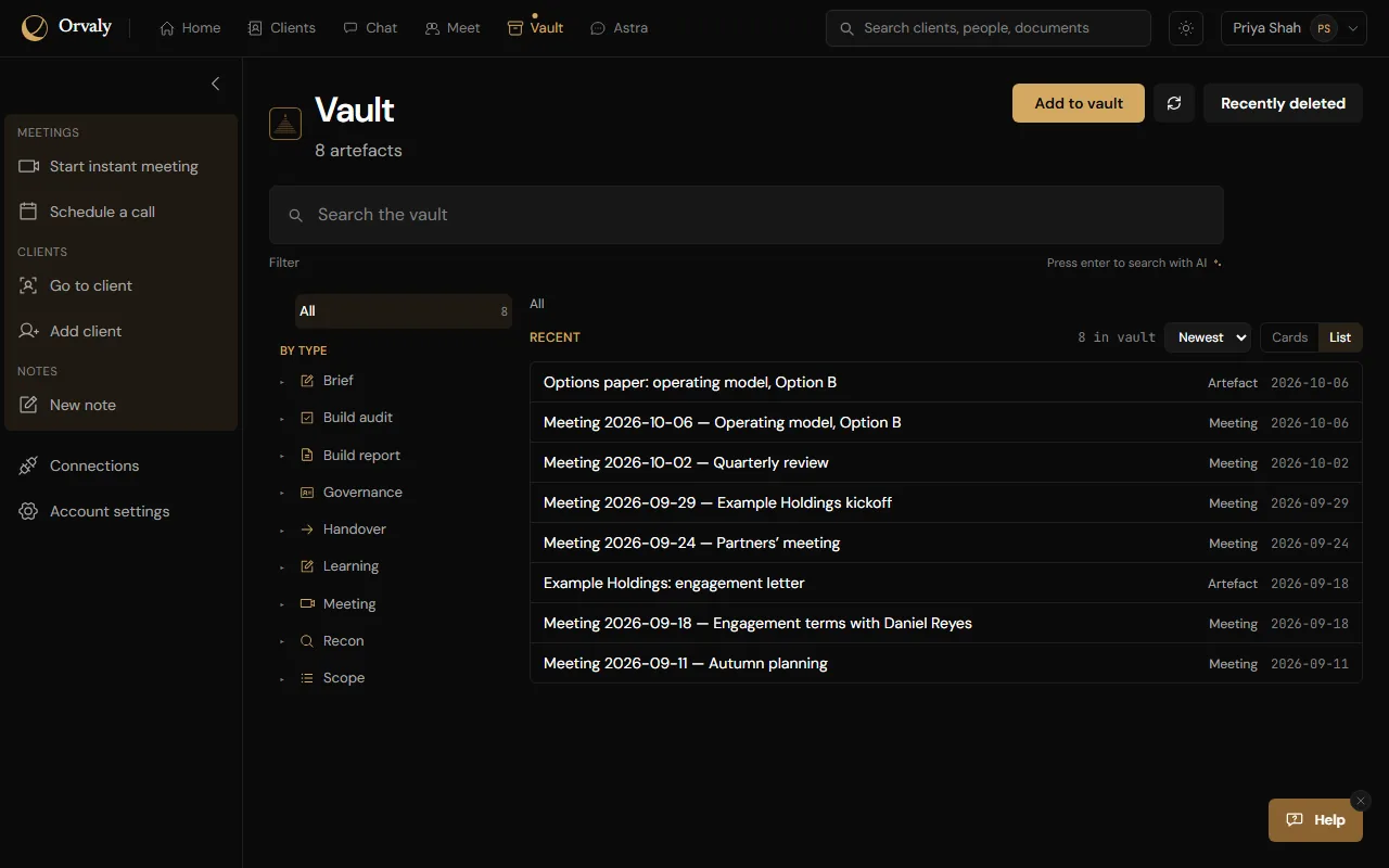 The Vault. Eight records in a list, six meetings and two documents of a client's, each with its type and its date; a search box above them and the types of record down the side.
